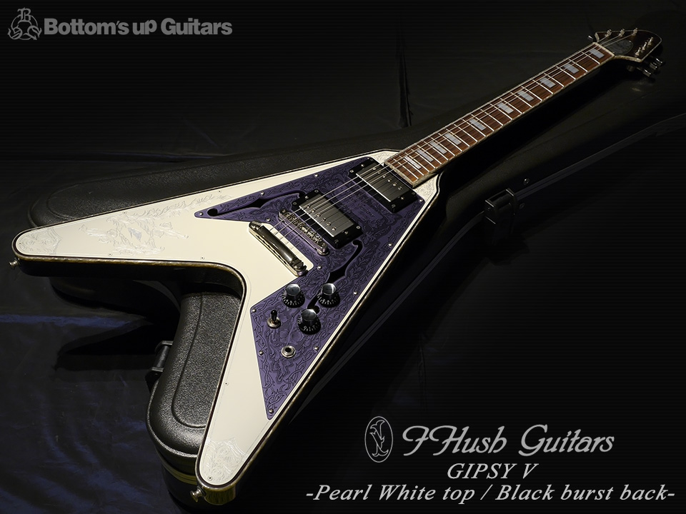 IHush Guitars GIPSY V - Pearl White top / Black burst back - アイ 