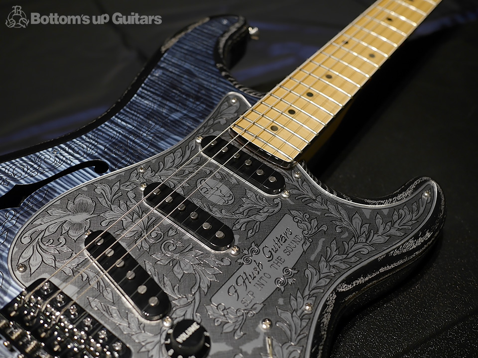 IHush Guitars STRATO PIRATE FIGURED -Light blue top / Black & Silver grain back- アイハッシュギターズ Zemaitis